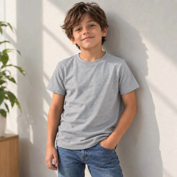 Poleras De Niños Cuello Redondo 100% Algodon Manga Corta Gris Claro 12 Lisa