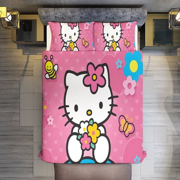 Hello Kitty holding a bouquet Bedding Set for Girls Kids Teen Tween Ultra Soft Microfiber Comforter Set Twin Size with 3-Pieces Comforters Bed Sets Bedroom Decor Bed Sheets