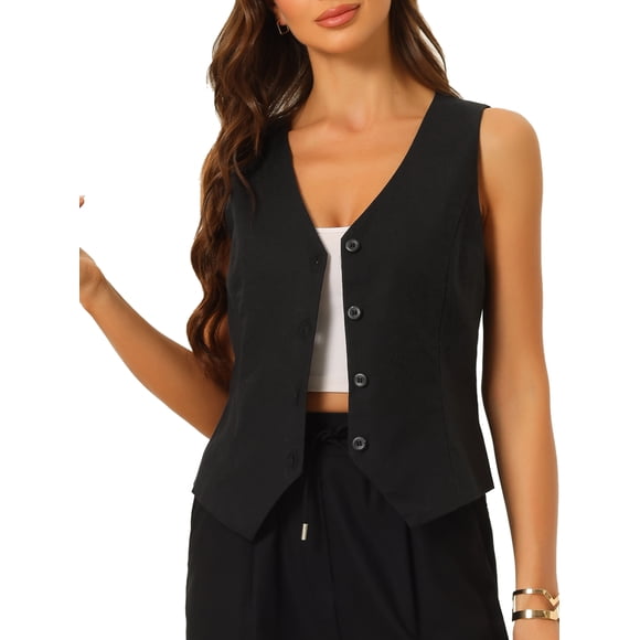 Chaleco sin mangas de botón y cuello en V para mujer Inspire Chic, verano, corto, negro