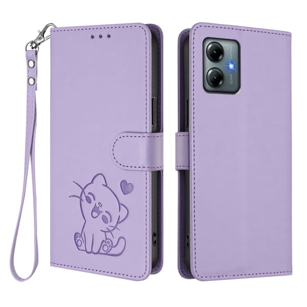 Motorola MOTO G Play 2025 Funda Billetera con Estampado de Gato, Lila Claro
