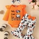 thumbnail image 1 of Cute Cow Print Outfit - Long Sleeve Flutter Sleeve Infant Romper + Bowknot Flared Trousers + Headband Baby Girls 3pcs Set, 1 of 5