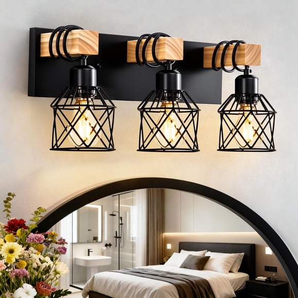 Lámpara de tocador Vohyzufa 3 luces estilo granja con madera y metal