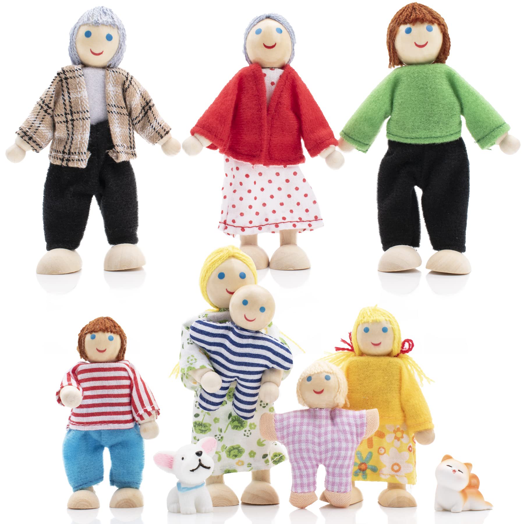 Jzszera - Set Familiar De Madera Con Forma De Casa De Muñecas, Con 8 Figuras Y 2 Mascotas