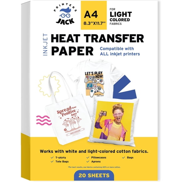 Papel de transferencia térmica Printers Jack, paquete de 20 hojas A4 de 21 x 30 cm