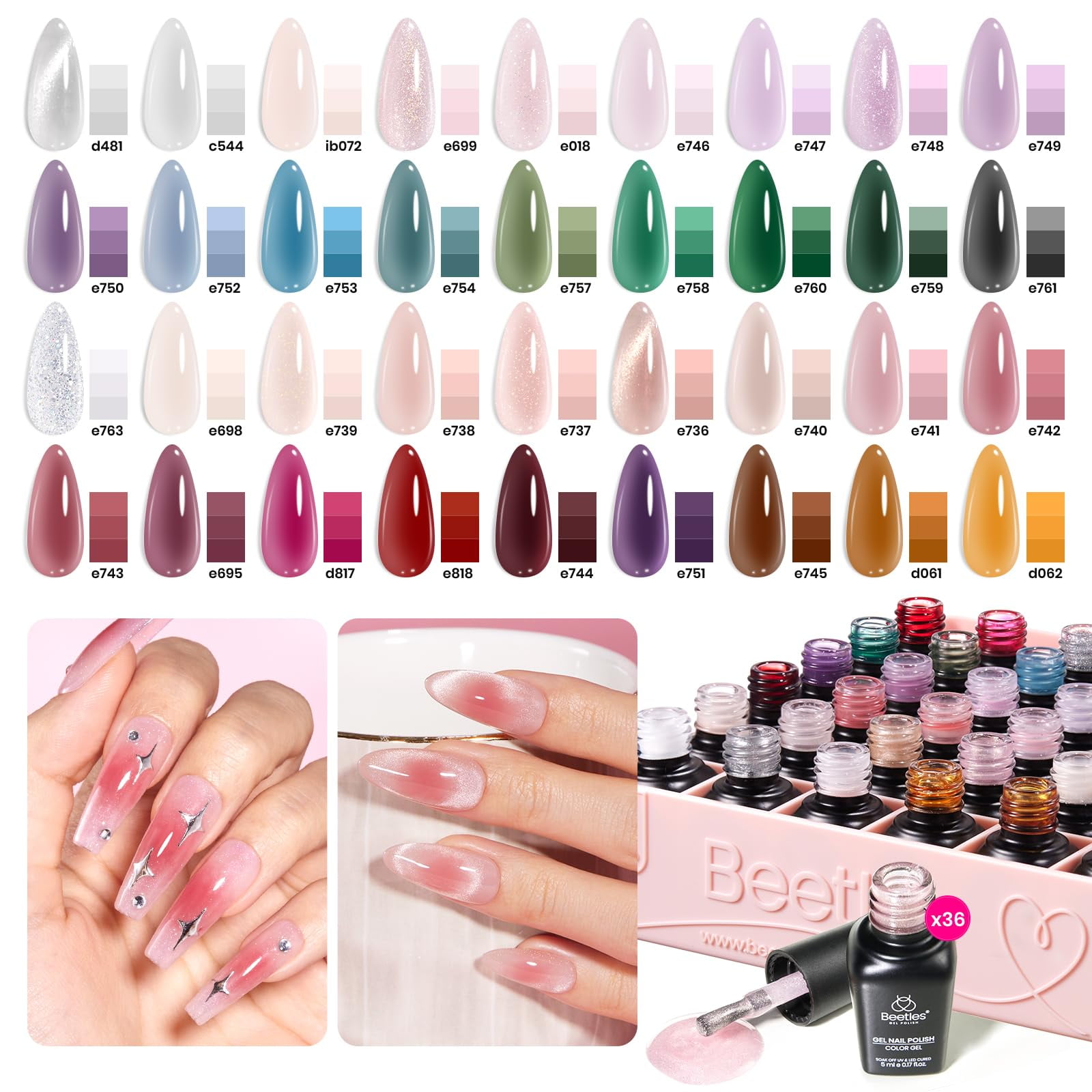 Beetles Gel Polish - Set De Esmaltes De Uñas En Gel Beetles, 53 Unidades, 36 Colores