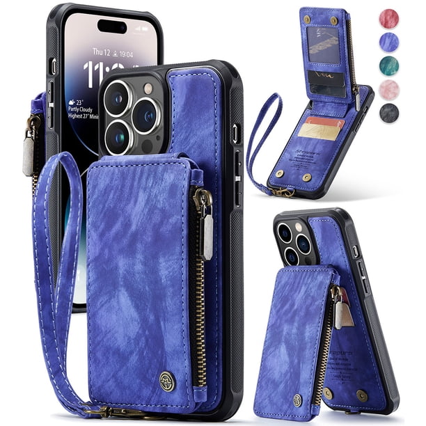 Wallet Case For IPhone 14/13/12/11 With RFID Blocking Leather Case With Card Holder & Kickstand, Zipper Strap Double Button Flip Shockproof Case