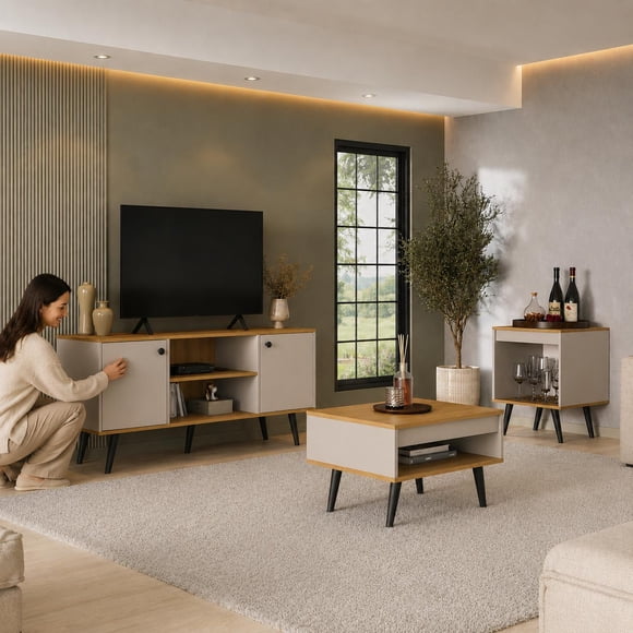 Combo Living Tokio 3 Piezas Rack TV, Mesa de Centro, Mesa Lateral Madera Arena
