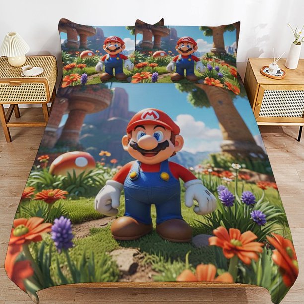 Super Mario 3-Piece Comforter Set for Bedroom Super Mario Bedding Set for Kids Adults Soft Microfiber Duvet Cover Set with Zipper Closure