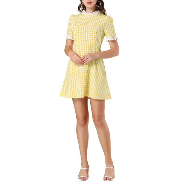 Vestidos de Manga Corta Vintage con Cuello con Volantes y Panel de Contraste para Mujer de INSPIRE CHIC XL Amarillo