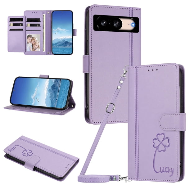 Funda Cartera Trébol para Google Pixel 8 con Ranuras Tarjetas y Carga Inalámbrica Morado claro