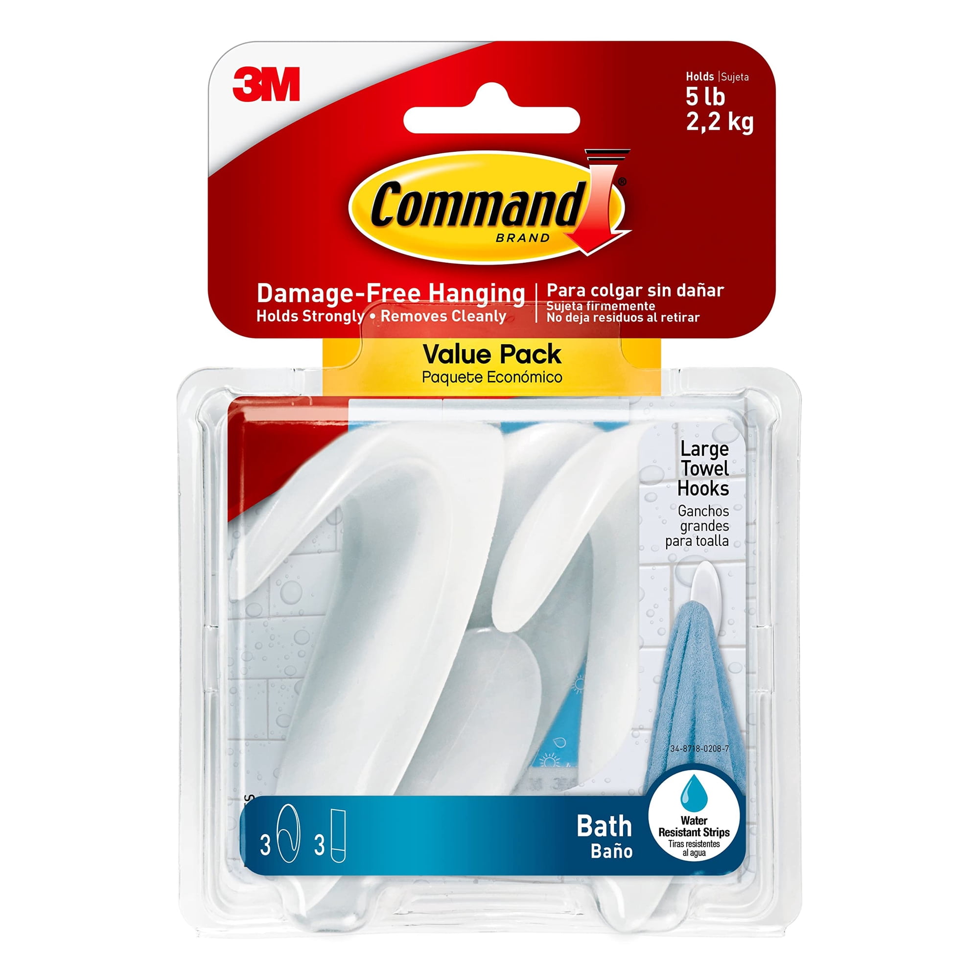 Gancho Para Toallas Command Bath, Grande, Transparente, Esmerilado, 3 Ganchos