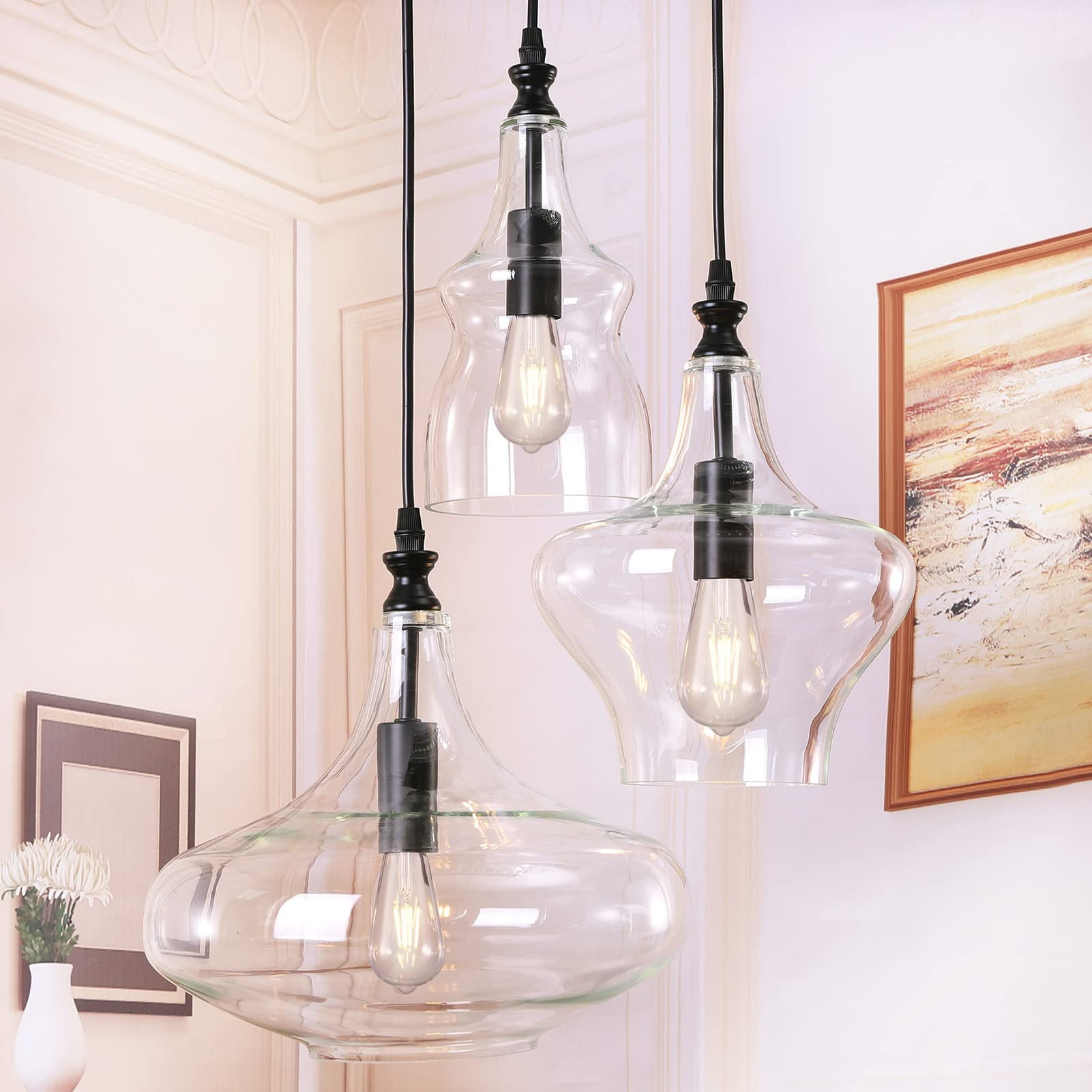 Lámpara Colgante Tochic De 3 Luces Con Cristal Transparente Y Estructura De Hierro Negro