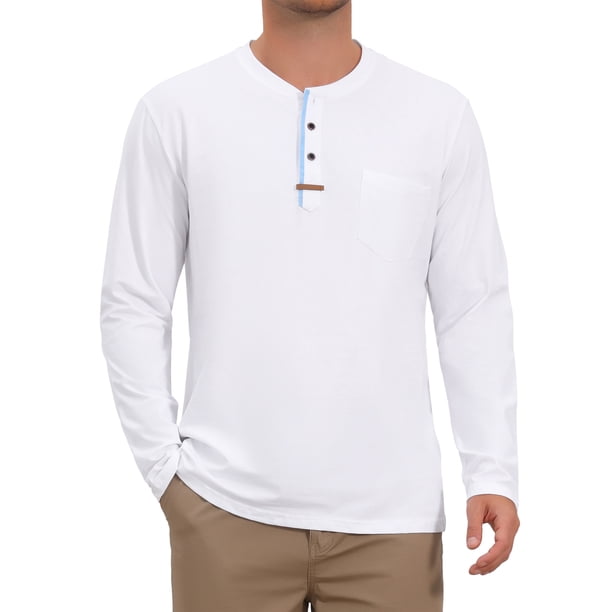 Camisetas Henley de Hombre de Manga Larga Casual con Botones de Algodón Pullover Camiseta 2XL Blanco