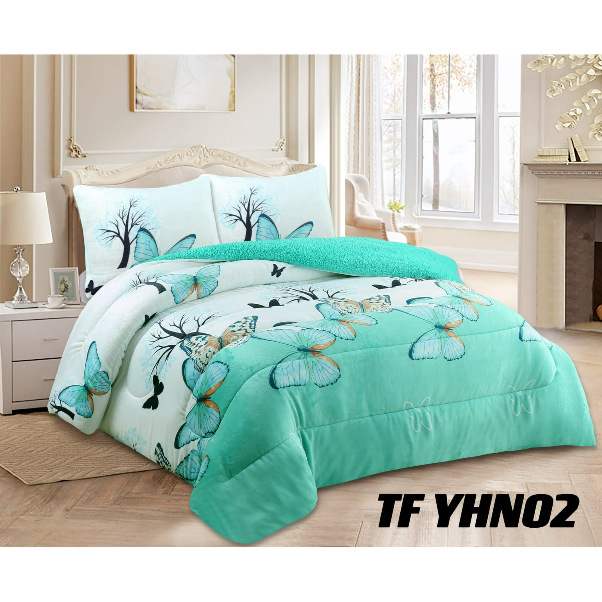 Aladdins Shop - Cobertor De Invierno De Plush Y Chiporro 2 Plazas Color Blanco Y Calipso Con Mariposas