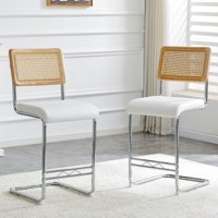 M&Ms - Natural Rattan Bar Stool 2-Piece Set With Solid Wood Backrest 25 Inches Medieval Modern Style Counter Stool White Pu Leather Kitchen Stool Chrome Metal Legs.