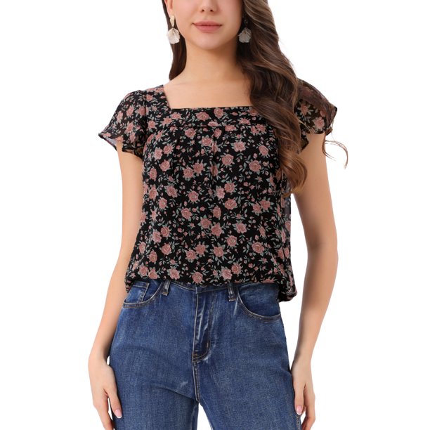 INSPIRE CHIC Blusa Floral de Mujer para el Día de San Valentín, Cuello Cuadrado Casual de Verano, Camisa de Chifón con Volantes y Manga Corta S Rosa Rosa Negro
