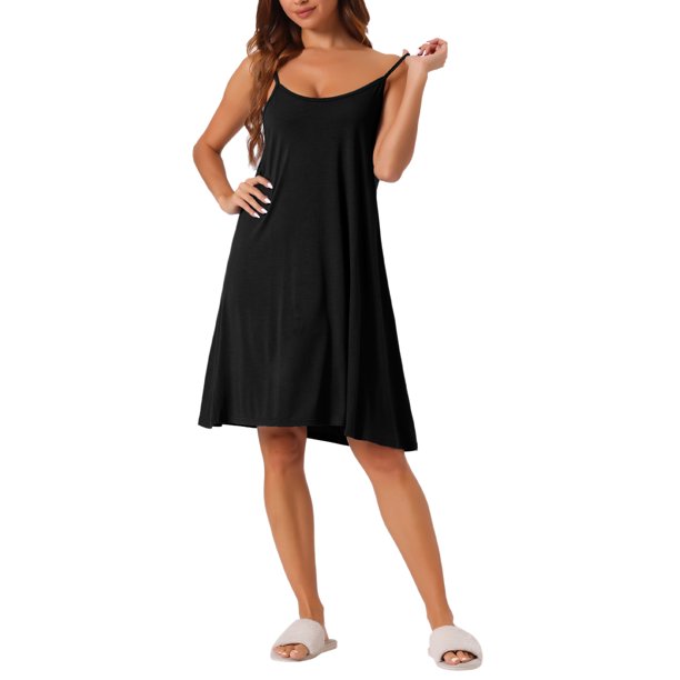 INSPIRE CHIC Vestido de Noche de Algodón para Mujer Regreso a Clases Sin Mangas con Tirantes Espagueti y Detalle de Espalda Cruzada Loungewear hasta la Rodilla Talla L Negro