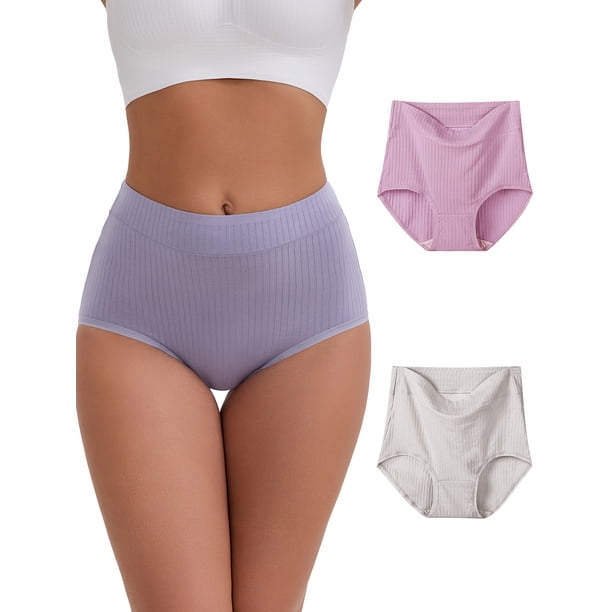 INSPIRE CHIC Ropa interior de algodón de cintura alta para mujer, cobertura total, fuerte elasticidad, 3 paquetes S 1 Púrpura 1 Rosa 1 Gris