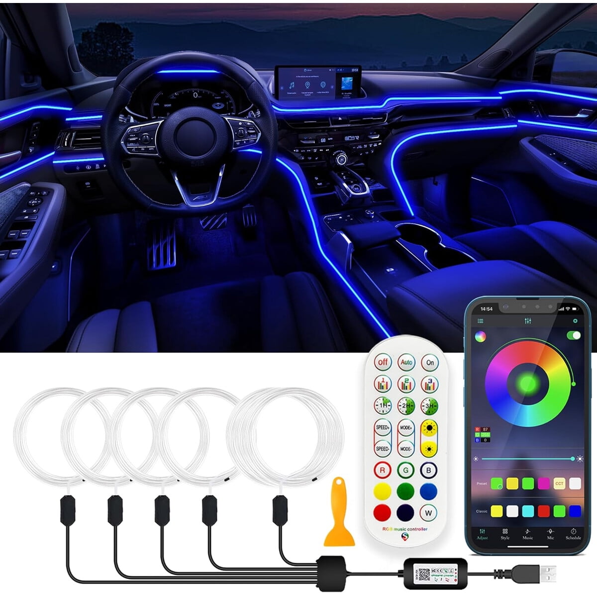 Samgchi - Luces Led Interior Auto Rgb 5en1 Usb App Rf