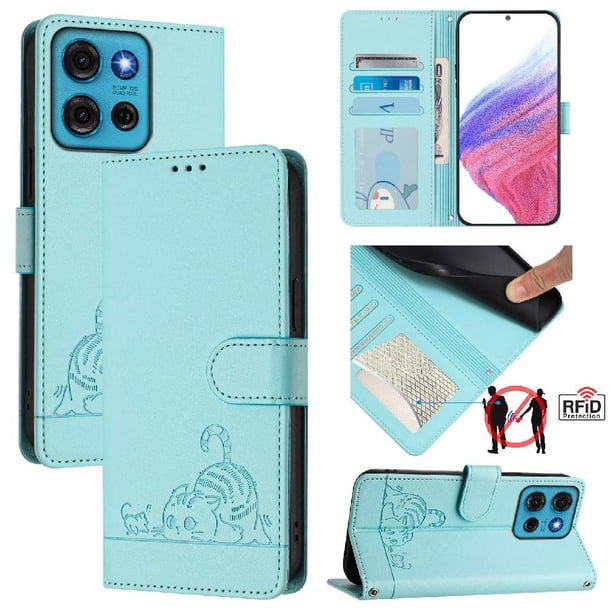 Funda tipo cartera FOXDOCK para Motorola MOTO G75 con soporte, ranuras, RFID, diseño de gato