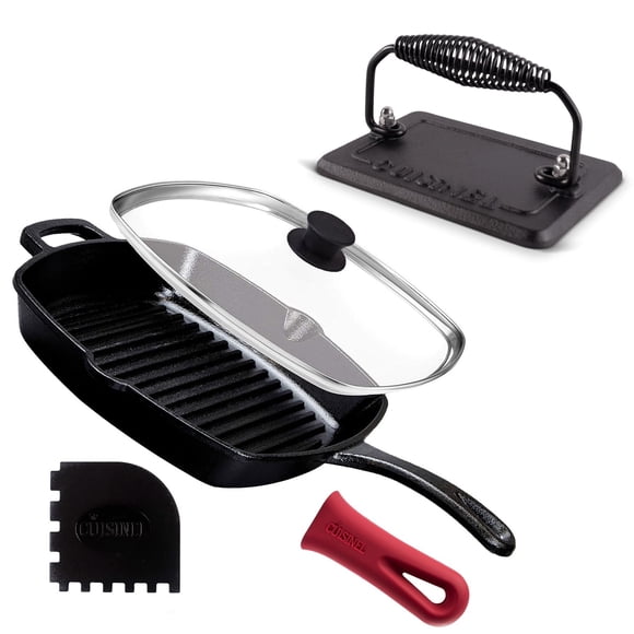 Juego de sartén grill Cuisinel de hierro fundido de 10,5 pulgadas con tapa y prensa