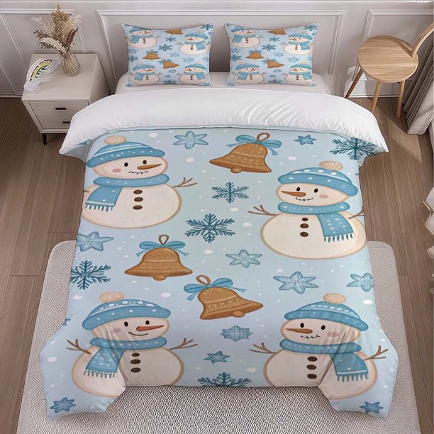 Snowman Snowflake Bells Themed Bedding Set Duvet Cover and Pillowcase Set