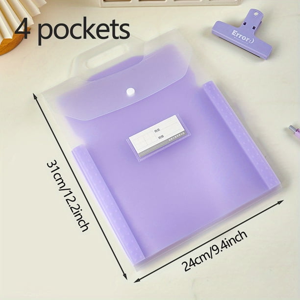4 Pockets Expanding File Organizer With Handle, Expandable File With Lable Organizer Fit For Student 9.4*12.2in A4 Letter Size Able To Hold 50 Sheets Paper Color Cute Purple Pink Blue Green White