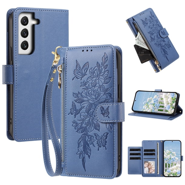 Funda Billetera Floral en Relieve samsung galaxy S22 PLUS con Tarjetero y Cremallera Azul