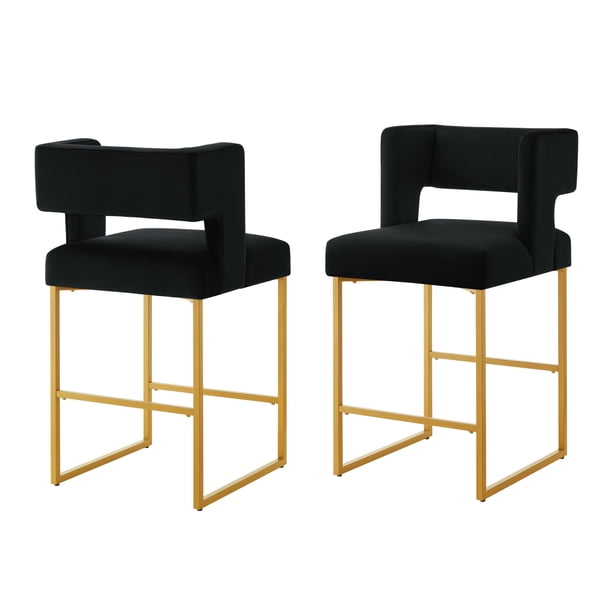 Modern Fashion Counter Height Bar Stools with Unique Square Open Backrest, Set of 2 Versatile Bar Chairs with Sturdy Iron Legs, 26" H Counter Height Chairs for kitchen islands, Black/Gold