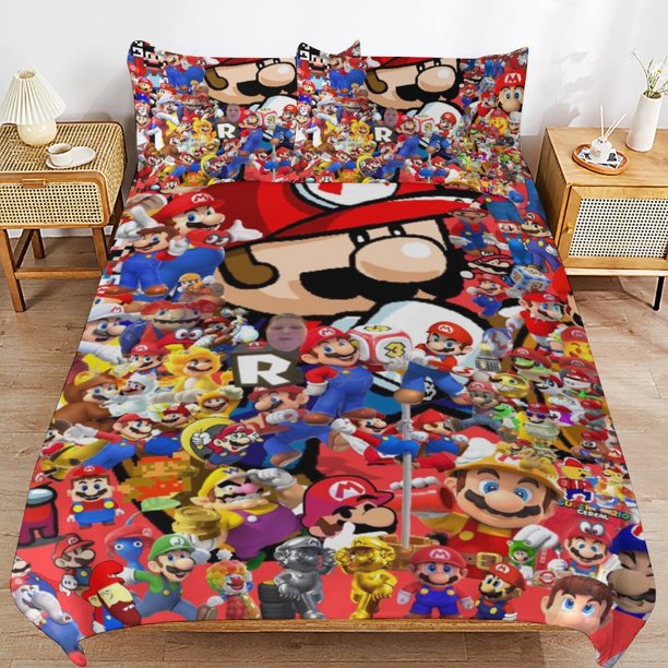 Super Mario 3-Piece Comforter Set for Bedroom Super Mario Bedding Set for Kids Adults Soft Microfiber Duvet Cover Set with Zipper Closure