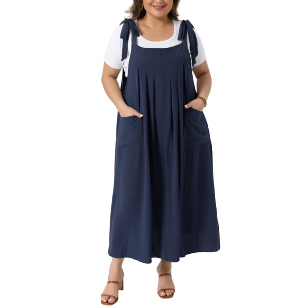 Agnes Orinda Vestido Pinafore Talla Grande para Mujer del Día de San Patricio con Tirantes, Vestido Jumper Plisado Casual con Bolsillos 2X Azul