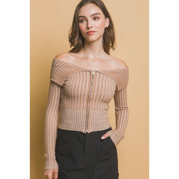 Top De Manga Larga Elástico De Viscosa Con Cuello Bardot Y Cremallera Acanalado Color Caqui (para Mujer)