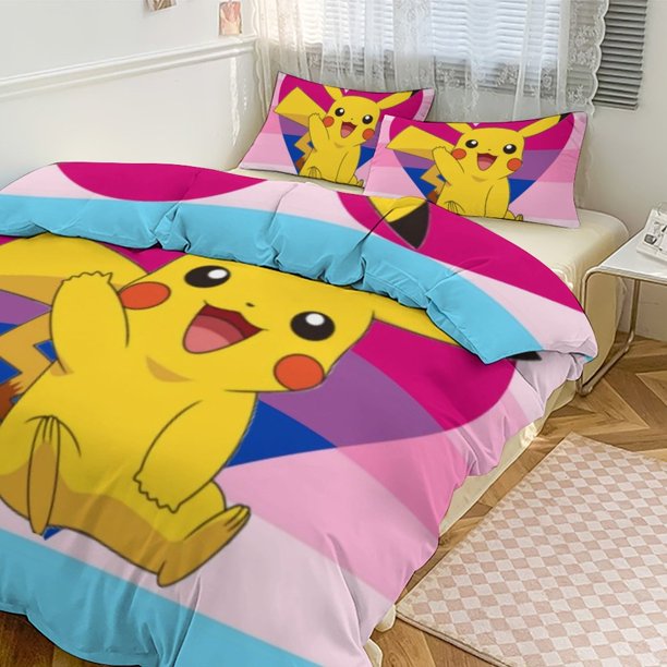Pik_achu Print Bedding Set Pattern Duvet Cove Set 3 Pieces 1 Quilt Cover And 2 Pillowcases for Women Men Teens