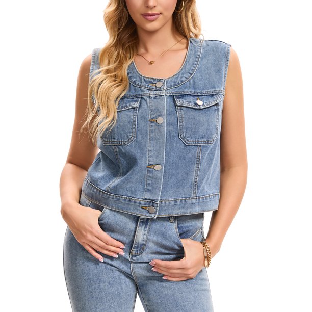 Chaleco de Mezclilla para Mujer INSPIRE CHIC con Botones, Sin Cuello, Lavado y Desgastado, Sin Mangas, Chaquetas de Mezclilla L Gris Azul Claro