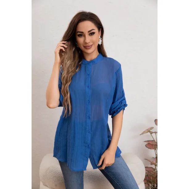 Blusa Mujer Lino Algodón Premium Liviana manga Larga Cuello Mao 8055