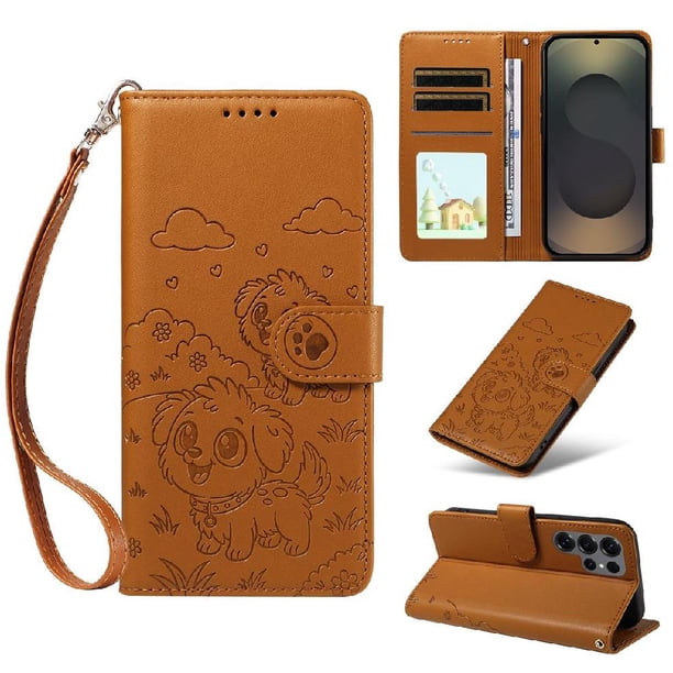 Funda Cartera para Samsung Galaxy S25 Ultra Perro Cachorro Grabado con Tarjetas Soporte Correa Marrón