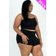thumbnail image 3 of Saronite Conjunto de Top Corto de Punto Acanalado Liso con Tirantes Ajustables, Shorts Fruncidos y Cinturilla Elástica, Negro (Talla Grande para Mujer), 3 of 5