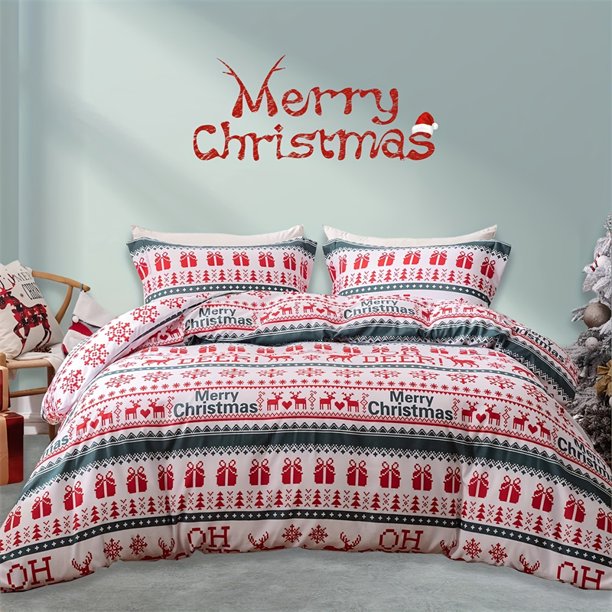 Merry Christmas Duvet Cover Set Microfiber Xmas TreesSnowflake Deer Pattern Printed Winter Red&Green Theme Holiday Deco Gift