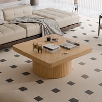 M&Ms - 34.6'' Square Coffee Table For Living Room, Modern Wood Veneer Top With Parquet Pattern & Cylindrical Base, Thickened Tabletop, Easy Assembly, Natural Wood