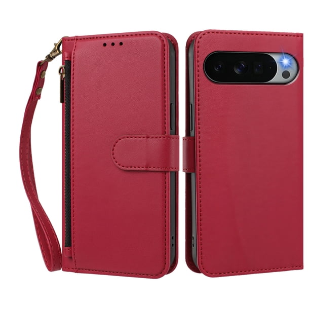 Funda Tipo Billetera para Google Pixel 11 Pro XL con Soporte y Bolsillo con Cierre Rojo