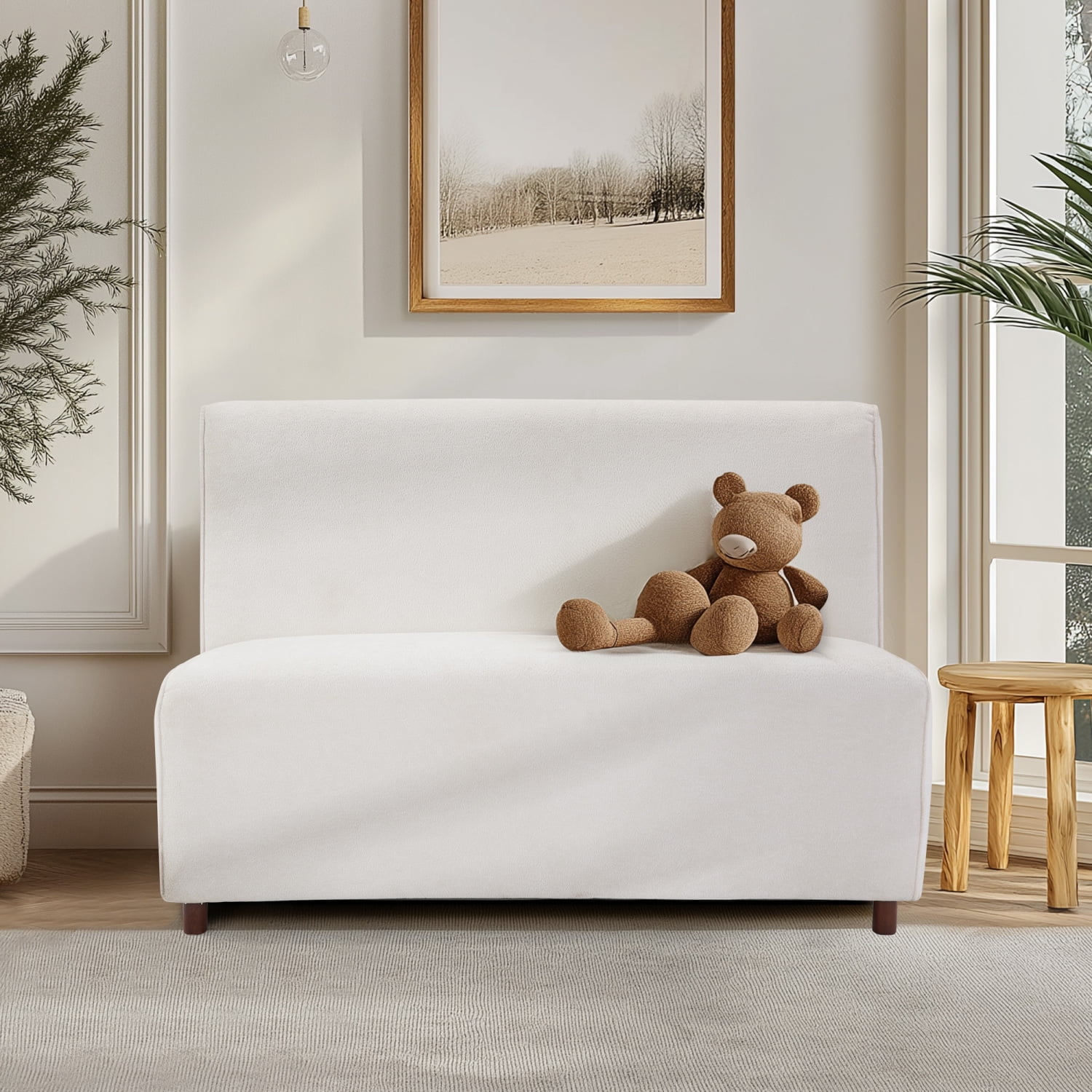 M&ms - 49" Beige Boucle Cover Fabric Loveseat - 25d High-density Sponge Cushion, Light Brown Legs , Modern Sofa For Living Room