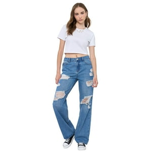 Jeans Mujer Straight Fit Full Roturas Azul Medio Corona