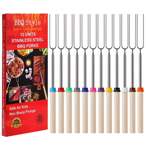 Palitos para asar malvaviscos, estilo barbacoa, telescópicos, 81 cm, 12 unidades