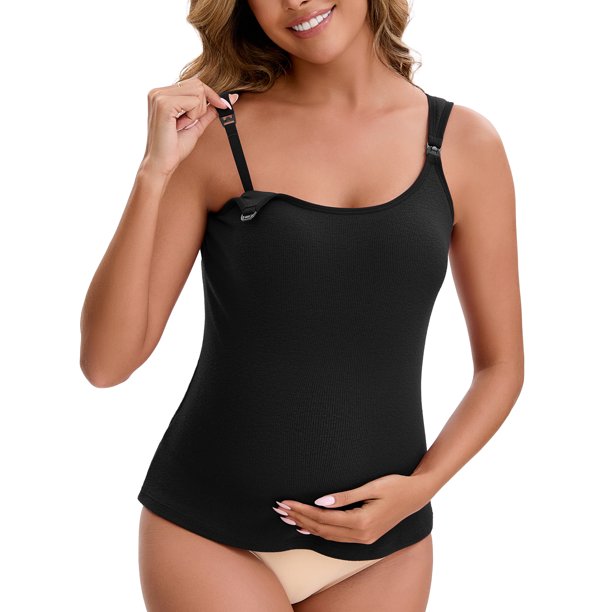 INSPIRE CHIC Camisetas térmicas de maternidad para mujeres con sujetador incorporado Camisola de lactancia para embarazo con tirantes ajustables L Negro