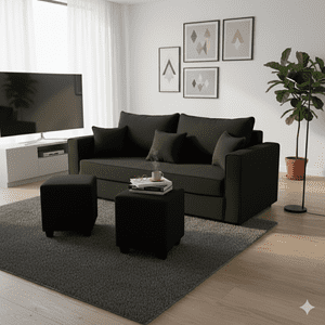 Construmuebles - Living Aurelia 3 Cuerpos + 2 Pouf Tela Negro