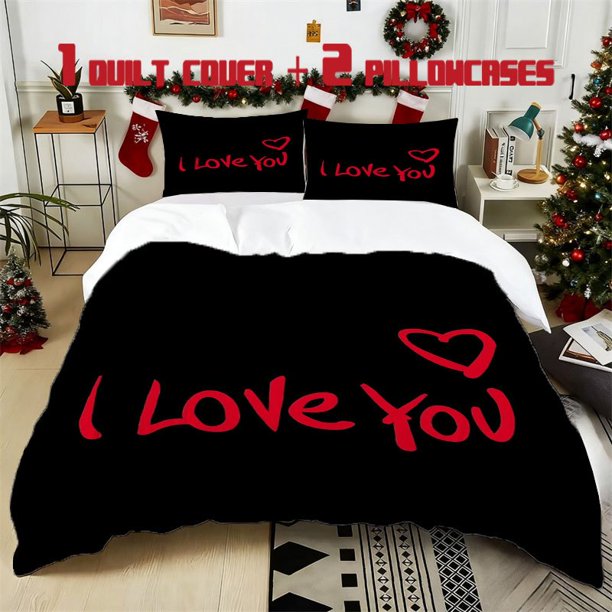 3pcs ILoveYouPrinted Bedding Set Soft Polyester Duvet Cover with 2 Pillowcases All Season Comfort