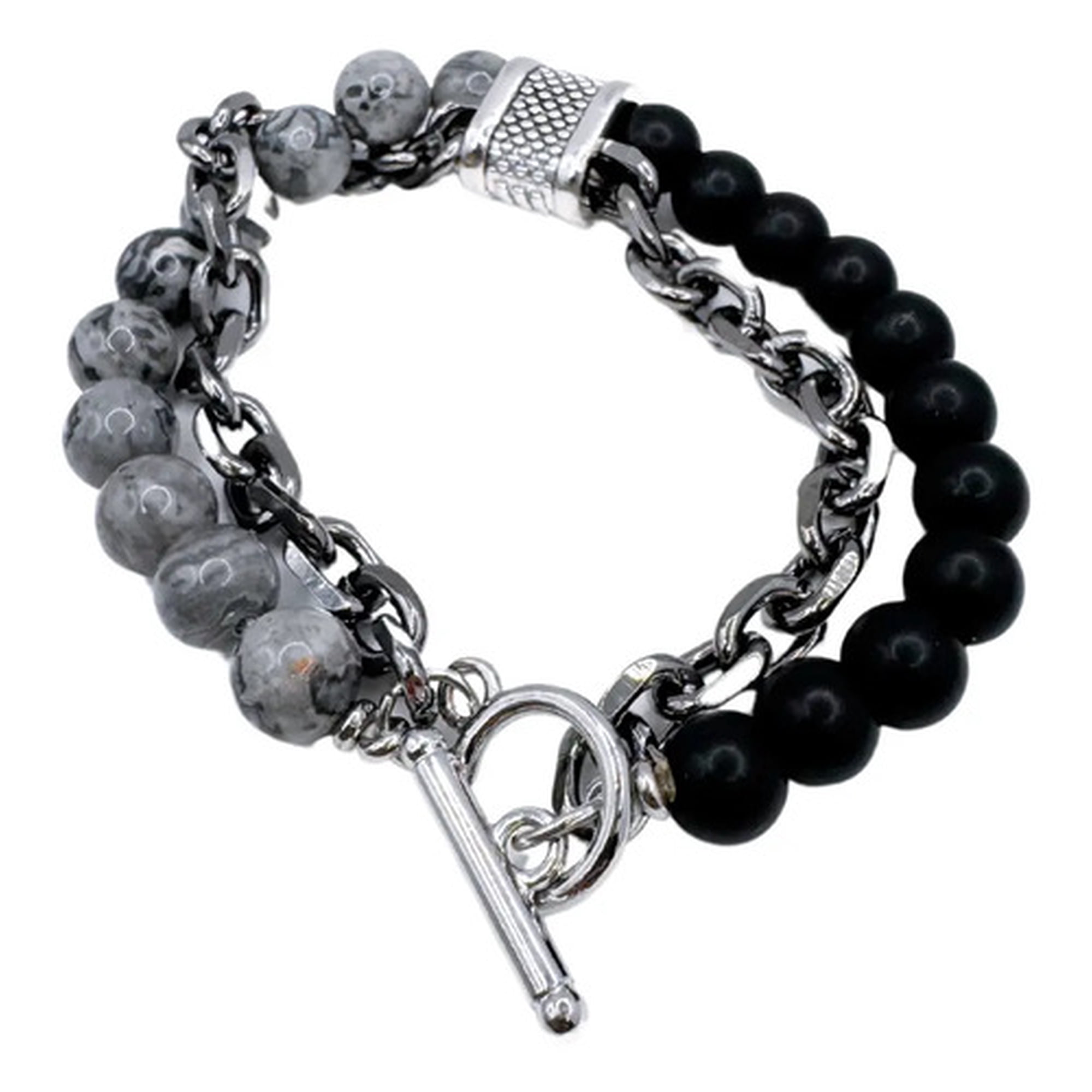 Marca - Pulsera Doble, Cadena Y Piedras, Cierre Ot, Regalo Hombre Negro 8 Cm 20 Cm