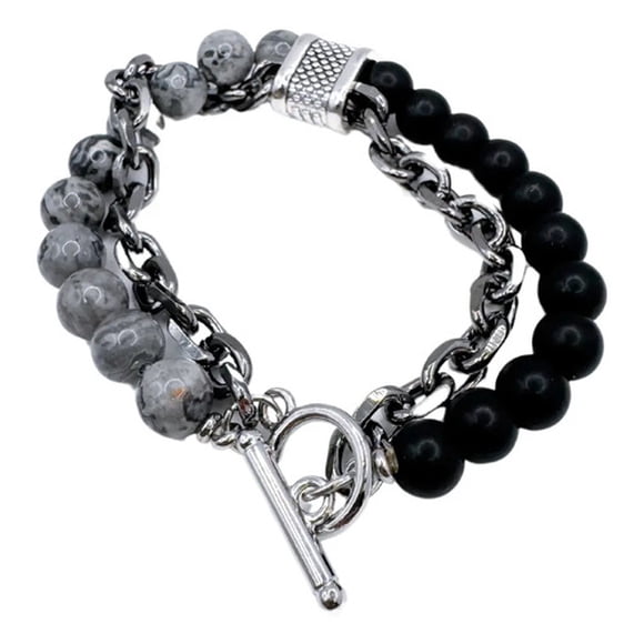 Pulsera Doble, Cadena Y Piedras, Cierre Ot, Regalo Hombre Negro 8 Cm 20 Cm