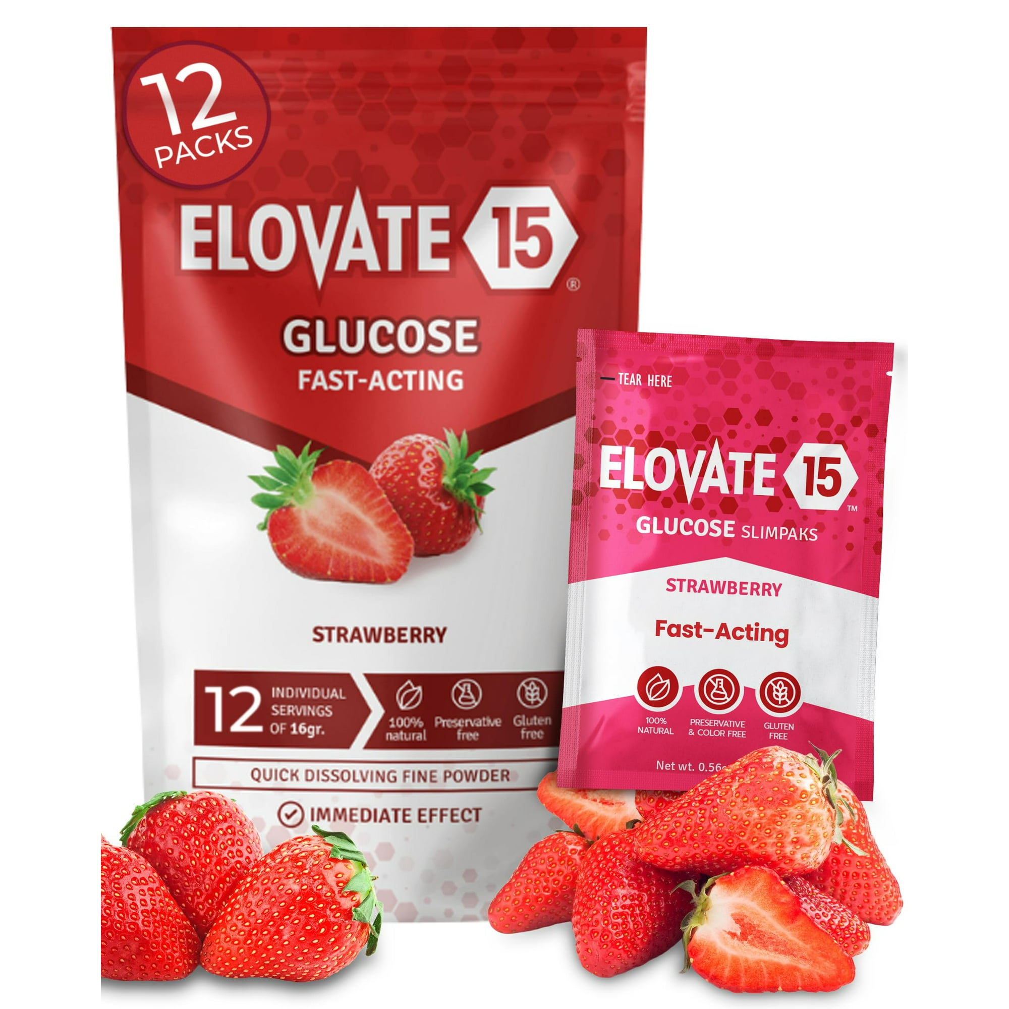 Elovate 15 - Glucosa En Polvo Elovate, 15 Paquetes De 15 G De Acción Rápida, 12 Unidades, Color Fresa