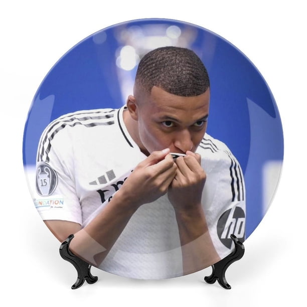 Kylian Mbappé Plato decorativo de porcelana fina (bone china), plato decorativo de cerámica para hogar, oficina, soporte de pared, platos decorativos para dormitorio 15 cm